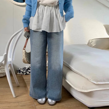 Renber Light Wash Long Wide Straight Denim Pants