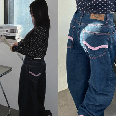 Pink Sherpa Wavy Wide Denim Pants