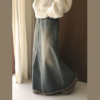 High-waisted Vintage Catbrush Sand Washed Cutout Fringe Denim Long Skirt to Add a Vintage Touch to Your Look