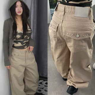 Vintage studded wide long denim pants, , made in Korea