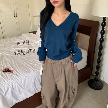 [Cinched Waist/Spring Version] Basic Blooming V-Neck Knit