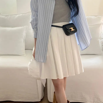 Cotton Elastic Waist Pleated Midi Skirt