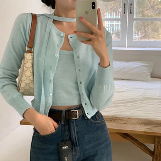 Rubie Cashmere Crop Tie Knit Cardigan Set