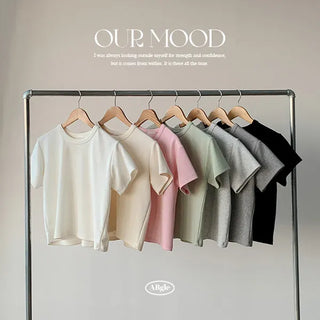 Thick Round Short Sleeve Crop T-shirt Short Sleeve Tee Transitional Season Oversized Layered Stretch Inner