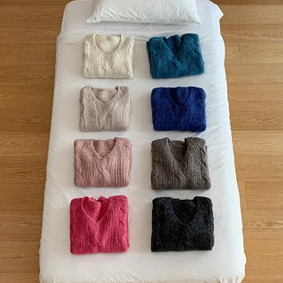 Mine Cable Knit V-Neck Loose Fit Knit Oversized Big Size Layered Cable Sweater