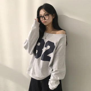 Protective Instinct Oversized, Off-Shoulder Number Print Cutout Loose Fit Boxy Sweatshirt