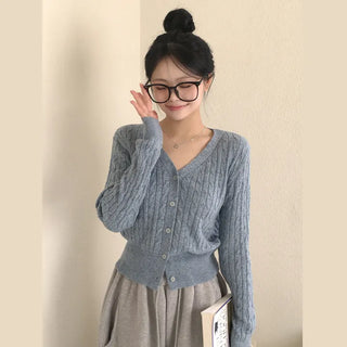 Delicate and Slimming Cashmere Wool Daily V-Neck Cable Knit Cardigan