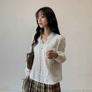 Glass Ribbon Lace Shirred Blouse Wedding Guest Look Cotton Puff Frill Long Sleeves Elastic Sleeves