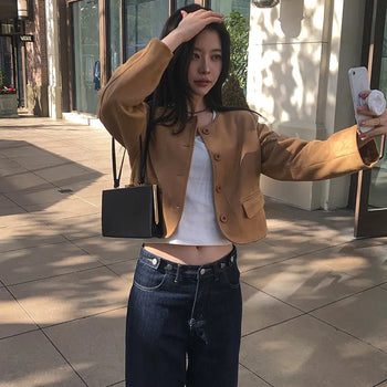 Hinoki Suede Jacket Collarless Jacket/Crop/Cropped Jacket/Transitional Season/Wedding Guest Look