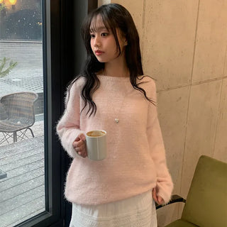 Milk Lip Neck Loose Fit Fur Knit Pine Needle Oversized Boat Neck Long Sleeve Hairy Sweater