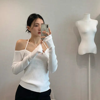 Halter Strap Off-Shoulder Knit T-shirt