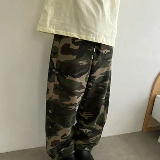 Vintage Washed Camo Elastic Waist Wide Pants