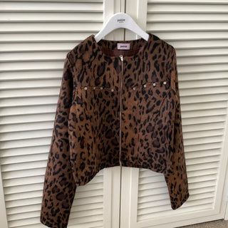 Only  V-Cut Leopard Print Rivet Zip-Up