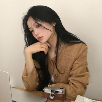 Soft, Collarless Button Pocket Suede Crop Short Jacket
