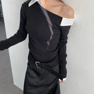 Asymmetrical One-Off Shoulder Delicate Pintuck Collar Shirt Dress Blouse