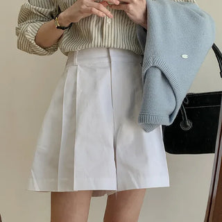 Flare Pintuck Cotton Back Elastic Shorts High-Waisted Pleated Cotton Double-Pleated Half Shorts
