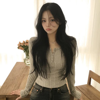 Figure-Enhancing Button Ribbed U-Neck Slim Fit Knit Long Sleeve T-Shirt