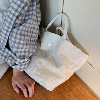 Petite ribbon embroidered lace tote bag, heart cotton handbag, eco peddler bag
