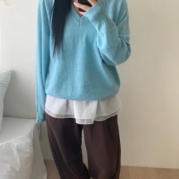 V-neck Raglan Loose Fit Wool Spring Knit