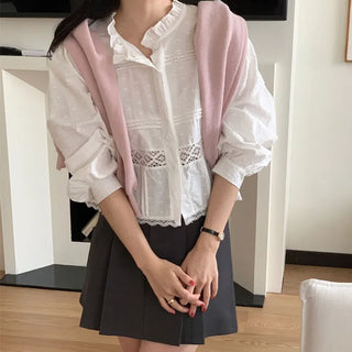Lace Cotton Pintuck Frill Blouse