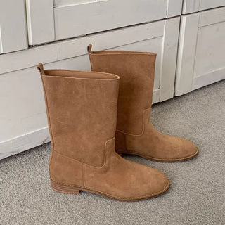 Wide-legged Cowhide Suede Mid-calf Boots