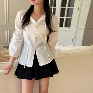 Hion Mother-of-Pearl Button Shirred Pintuck Strap Blouse