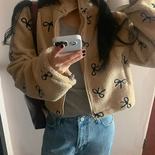 Cute Ribbon Sherpa Fleece Tumble Zip-Up Jumper