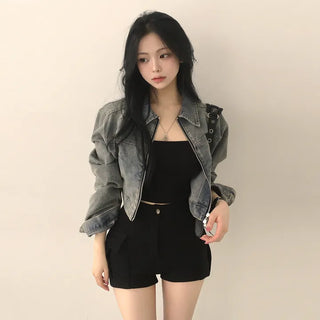 Guaranteed Fit, Vintage Washed Collar Two-Way Crop Denim Jacket