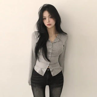 Cinched Waist, Hand-Covering, Round Collar, Slim Fit Long Sleeve Shirt Cardigan