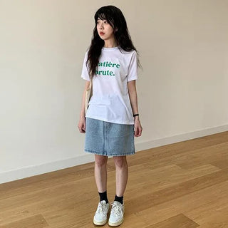 Belly Lettering Spandex Short Sleeve T-shirt Embroidered Short Sleeve Basic Round