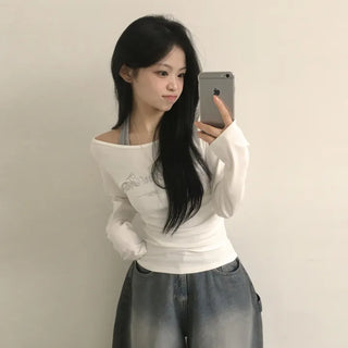 Hand-covering skinny fit, Y2K vintage mood lettering lip neck slim fit long sleeve t-shirt