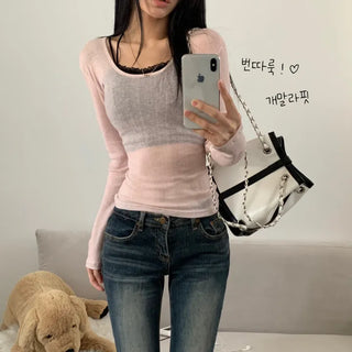[Body-Shaping Version] Glam See-through Slim Fit Square Neck Spring/Summer Long Sleeve T-shirt