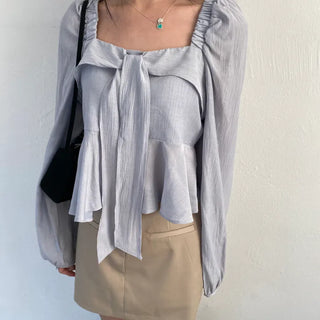 Lua Chiffon Frill Square Neck Ribbon Tie Puff Shirring Blouse