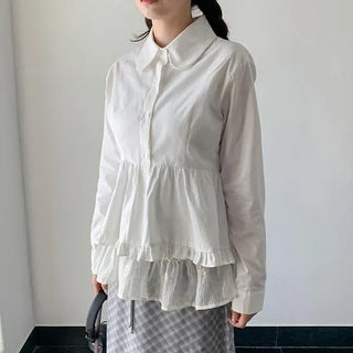 Roy Frill Round Collar Blouse Shirt Pintuck Lace Lovely Wave