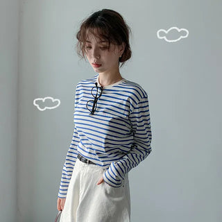 Mimi Round Striped Long Sleeve T-shirt Color Block Stripe T-shirt Oversized Fit