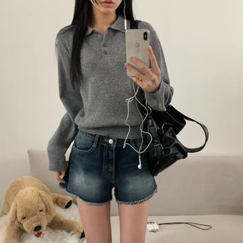 [Standard ver] Ford Button Spring/Autumn Loose Fit Collared Long Sleeve Knit