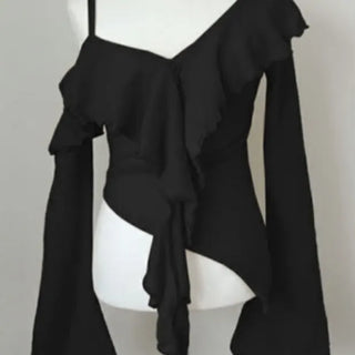 Poly Frill Asymmetrical Off-Shoulder Slim T-shirt