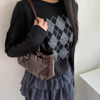 Argyle Print Long Sleeve Washed Faux Layered T-shirt