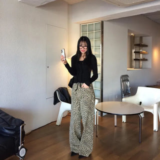 Leopard Print Wide Denim Straight Loose Fit Tall Woman