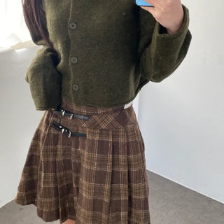 Two-Belt Pleated Check Midi Skirt