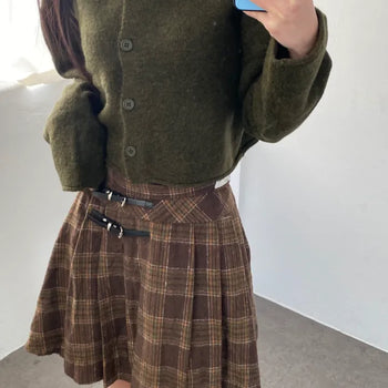 Two-Belt Pleated Check Midi Skirt