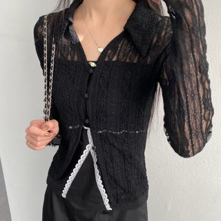Spandex Lace Slim Button Collar Cardigan