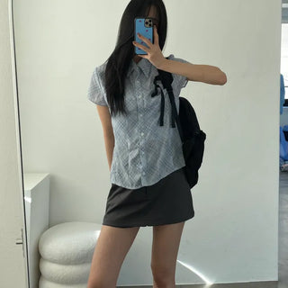 Check Chiffon Cut Collar Short Sleeve Shirt
