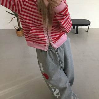 striped lace hooded zip-up