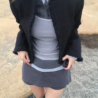 Cut-out Fringe Tweed Jacket