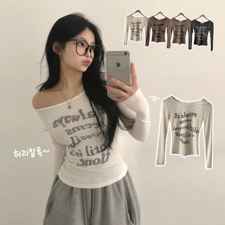 Figure-Enhancing, Stretchy Round One-Off-Shoulder Spray Lettering Slim Fit Long Sleeve T-shirt