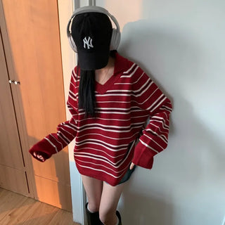 [Beautiful Colors] Striped Loose Fit New Spring Collared Long Sleeve Knit