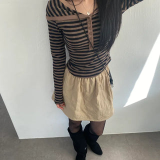 Striped Collar Shirred Rounded Slim T-shirt