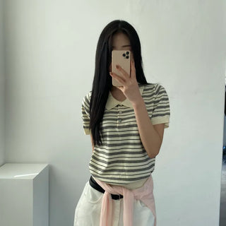 Collared Button Striped Short Sleeve Knit