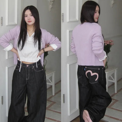 Pink Heart Embroidered Pocket Point Non-Faded Stitch Denim Long Pants